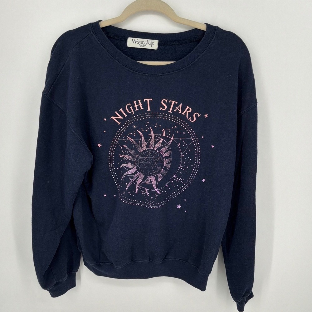 Wound Up Large Navy Celestial Sweatshirt Moon Stars Graphic Cozy